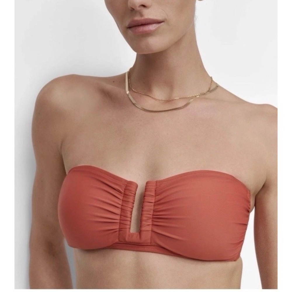 DKNY Brown Solid Strapless Bandeau Lined Stretch Bikini Top Women's L